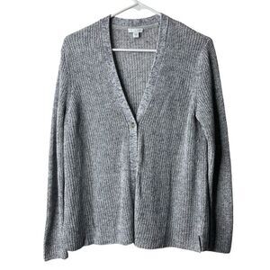 J Jill Blue Marled One Button Open Knit Linen Blend Cardigan Sweater